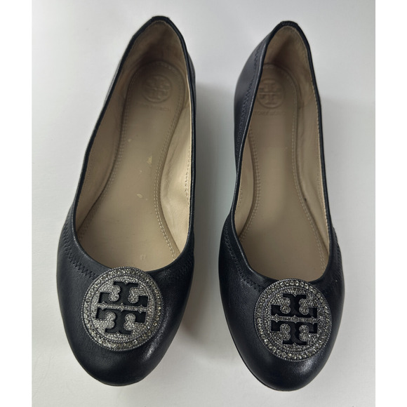 Tory Burch Liana Rhinestone Jewel Embellished Ballet Flats Black Leather Sz 6.5 - Picture 2 of 16